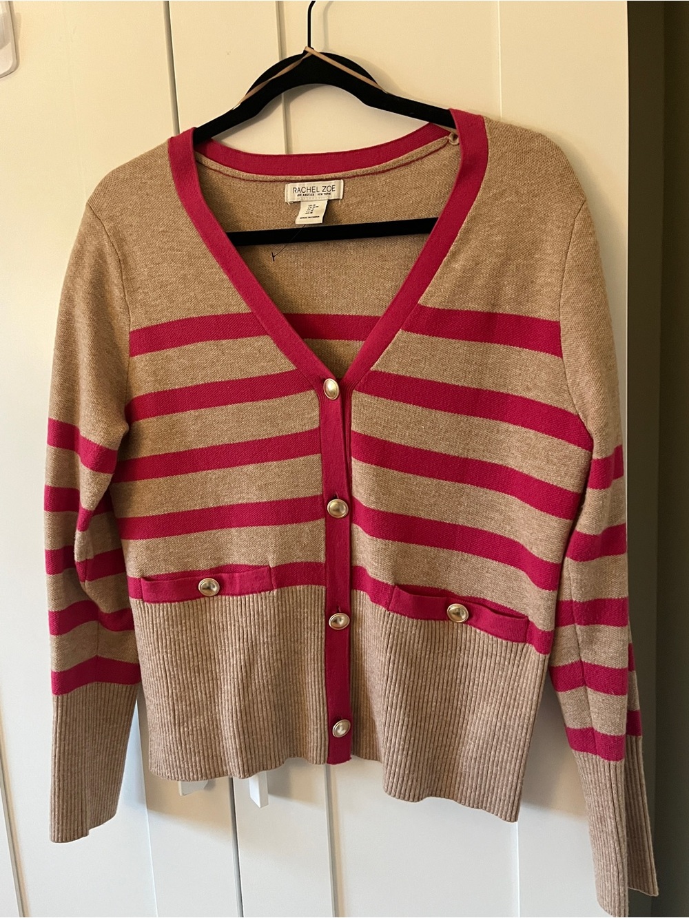 Rachel Zoe Beige and Fuchsia Striped V-Neck Cardigan